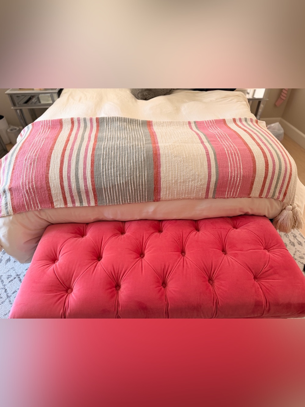 Striped Cotton Bed Runner in Pink, Gray & Cream